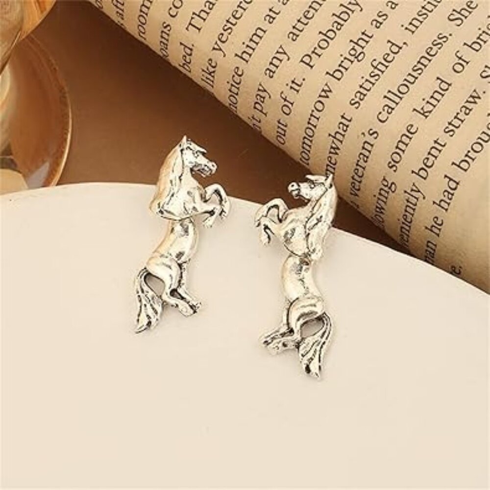 Horse Earrings Unique Rearing Horses‎ Silver Tone Brand New !!